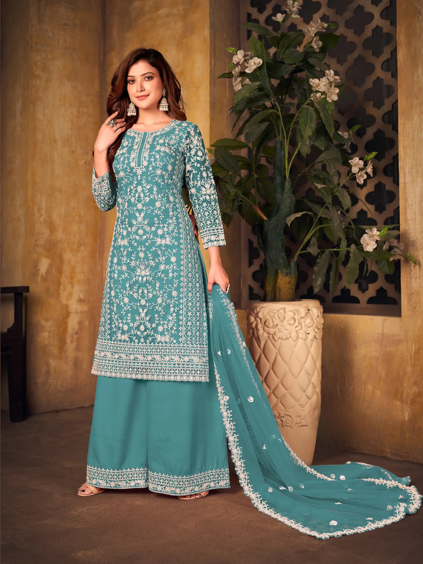 Teal Blue Net Thread & Sequence Embroidery Work Salwar Suit