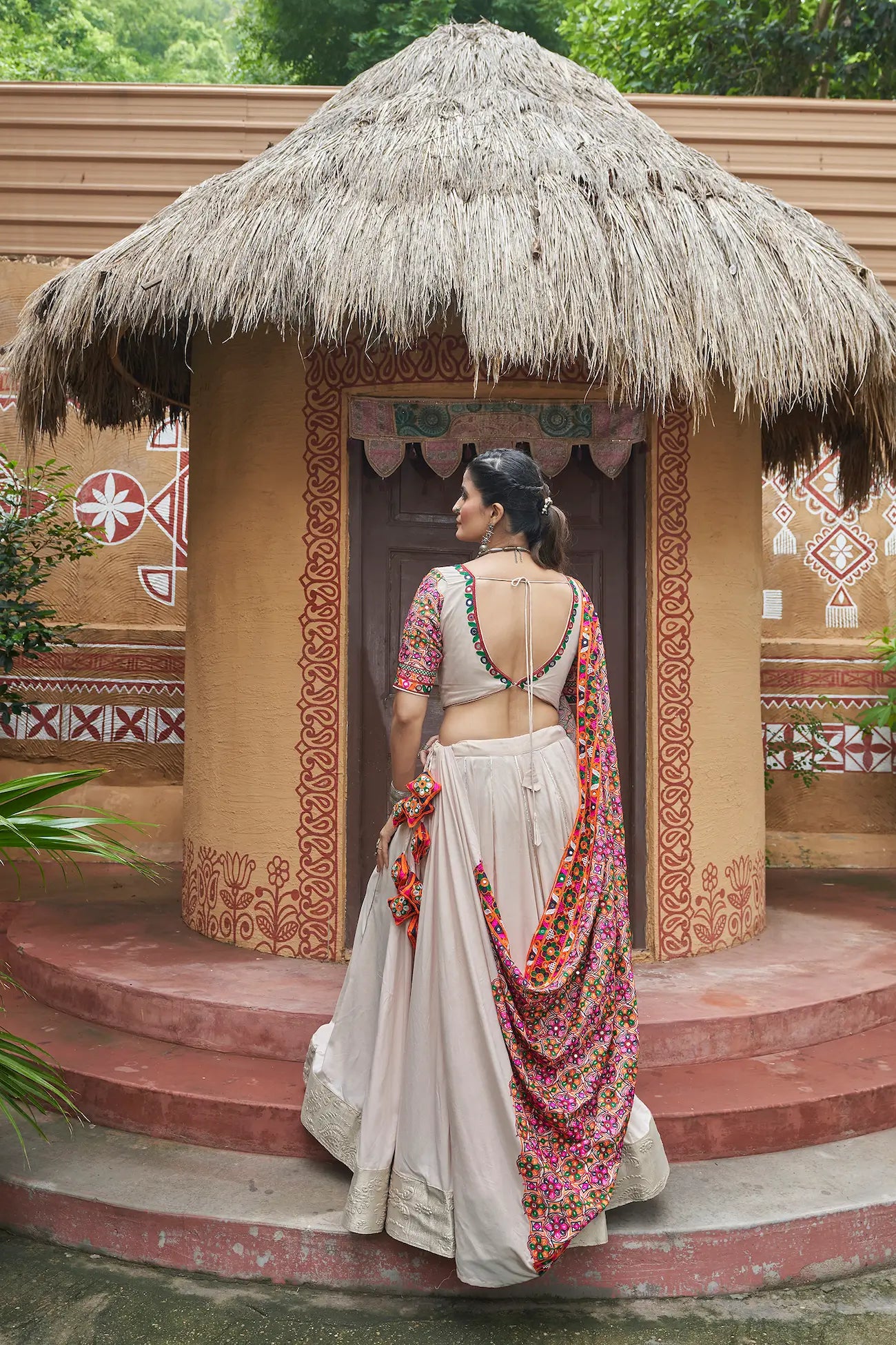 Beige Viscose Rayon Navratri Lehenga Choli With Thread Embroidery & Mirror Work