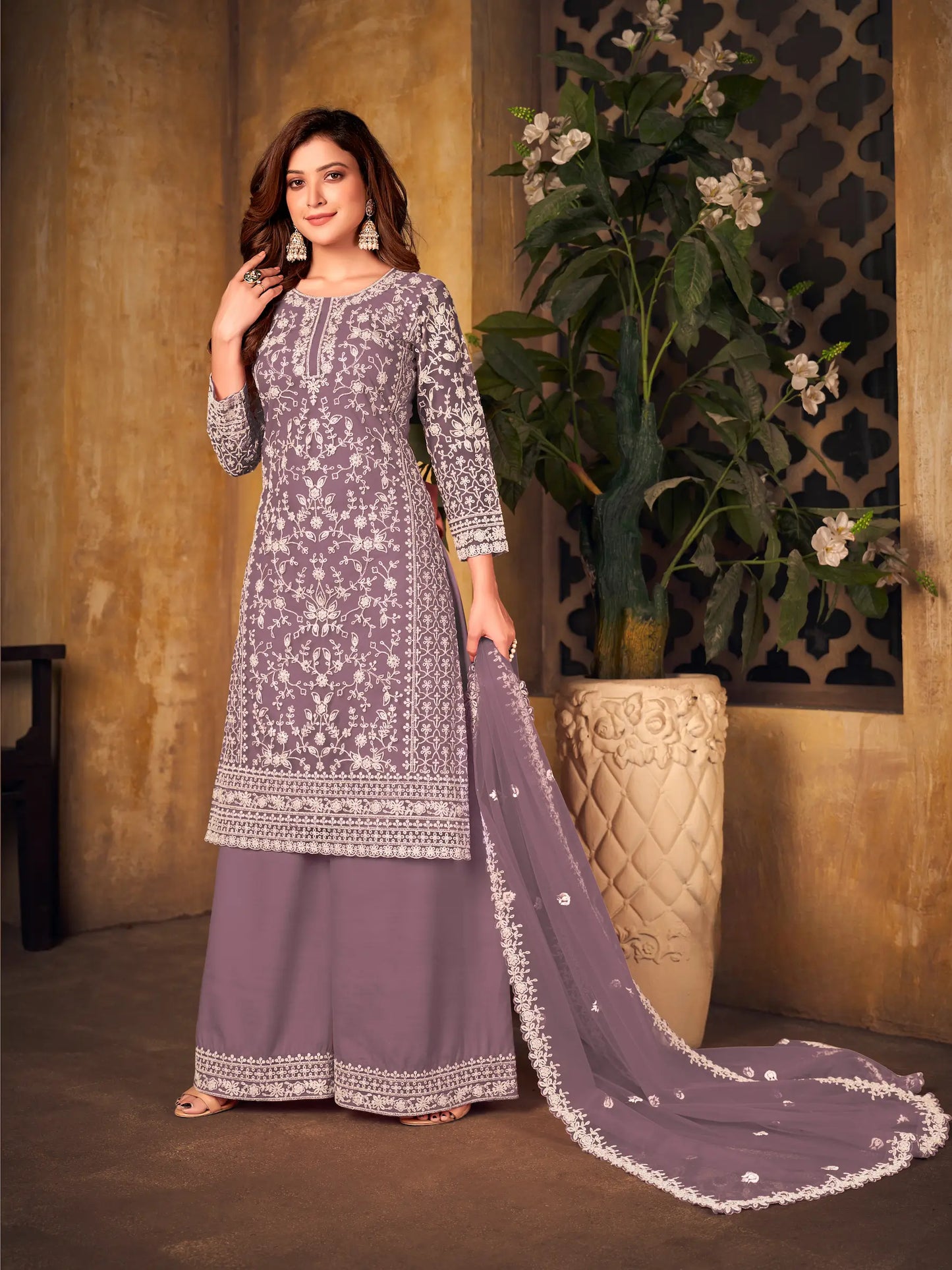 Dusty Lavender Net Thread & Sequence Embroidery Work Salwar Suit