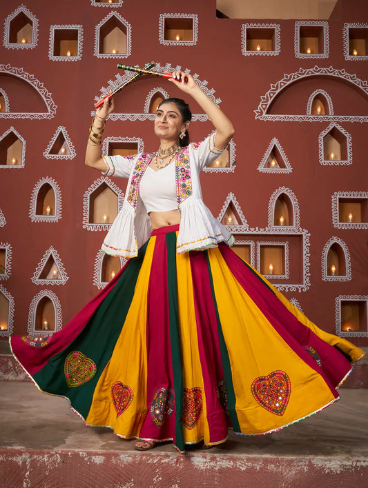 White-MultiColor Viscose Rayon Navratri Lehenga Choli WithThread Embroidery & Mirror Work