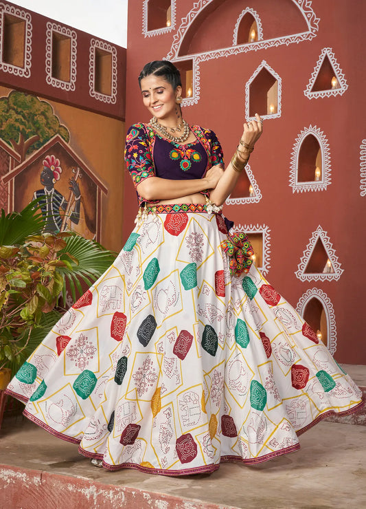 White Poly Silk Navratri Lehenga Choli WithThread Embroidery & Mirror Work