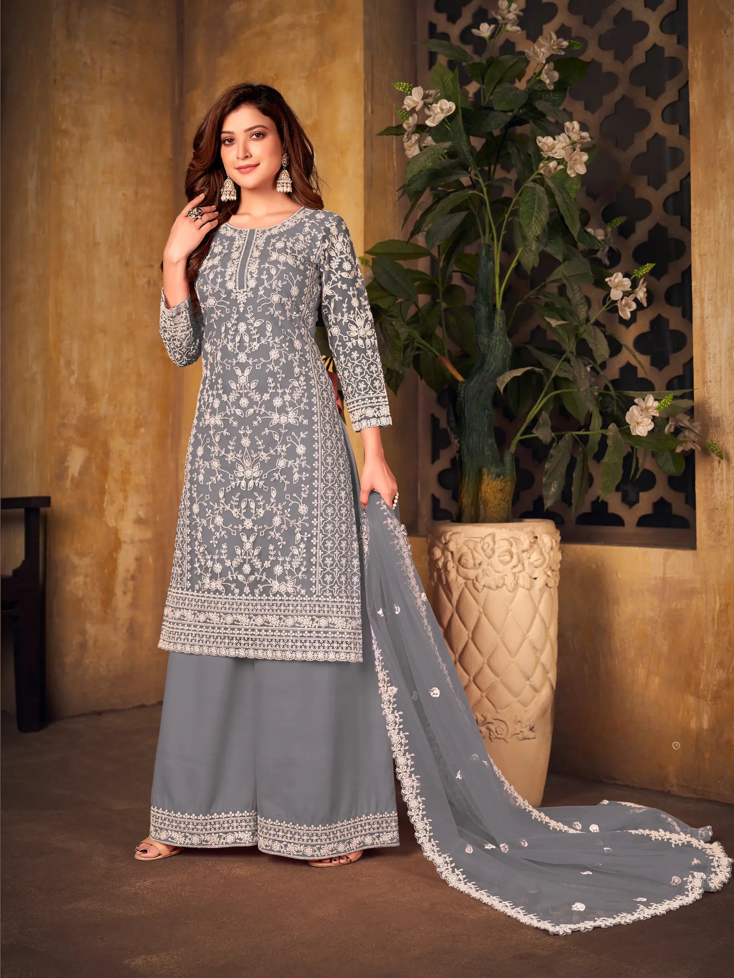 Grey Net Thread & Sequence Embroidery Work Salwar Suit