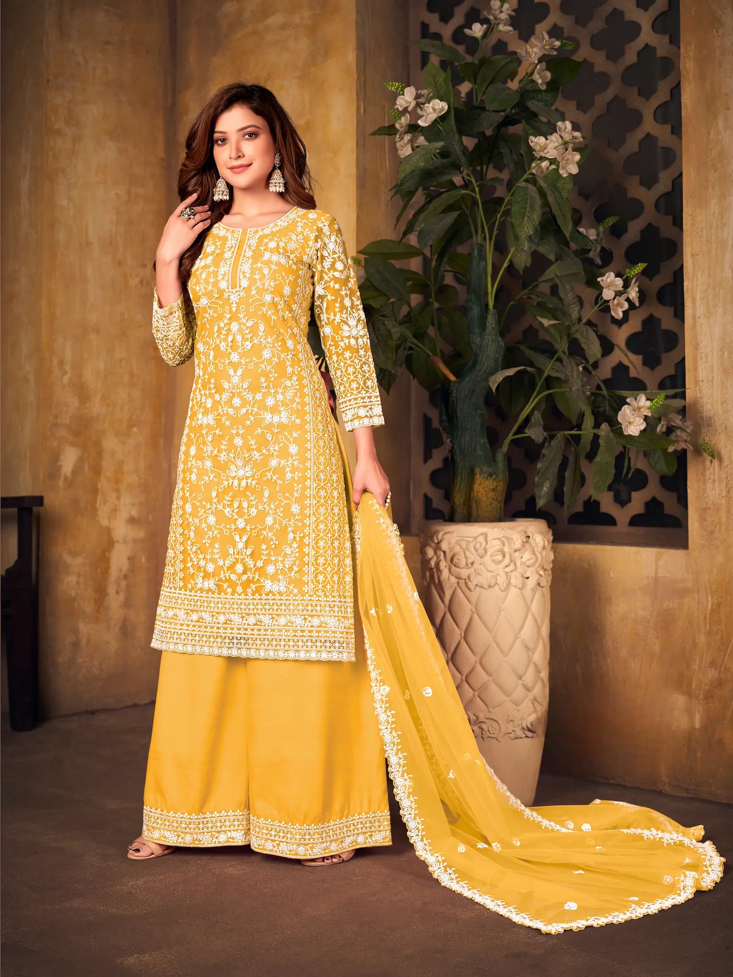 Yellow Net Thread & Sequence Embroidery Work Salwar Suit