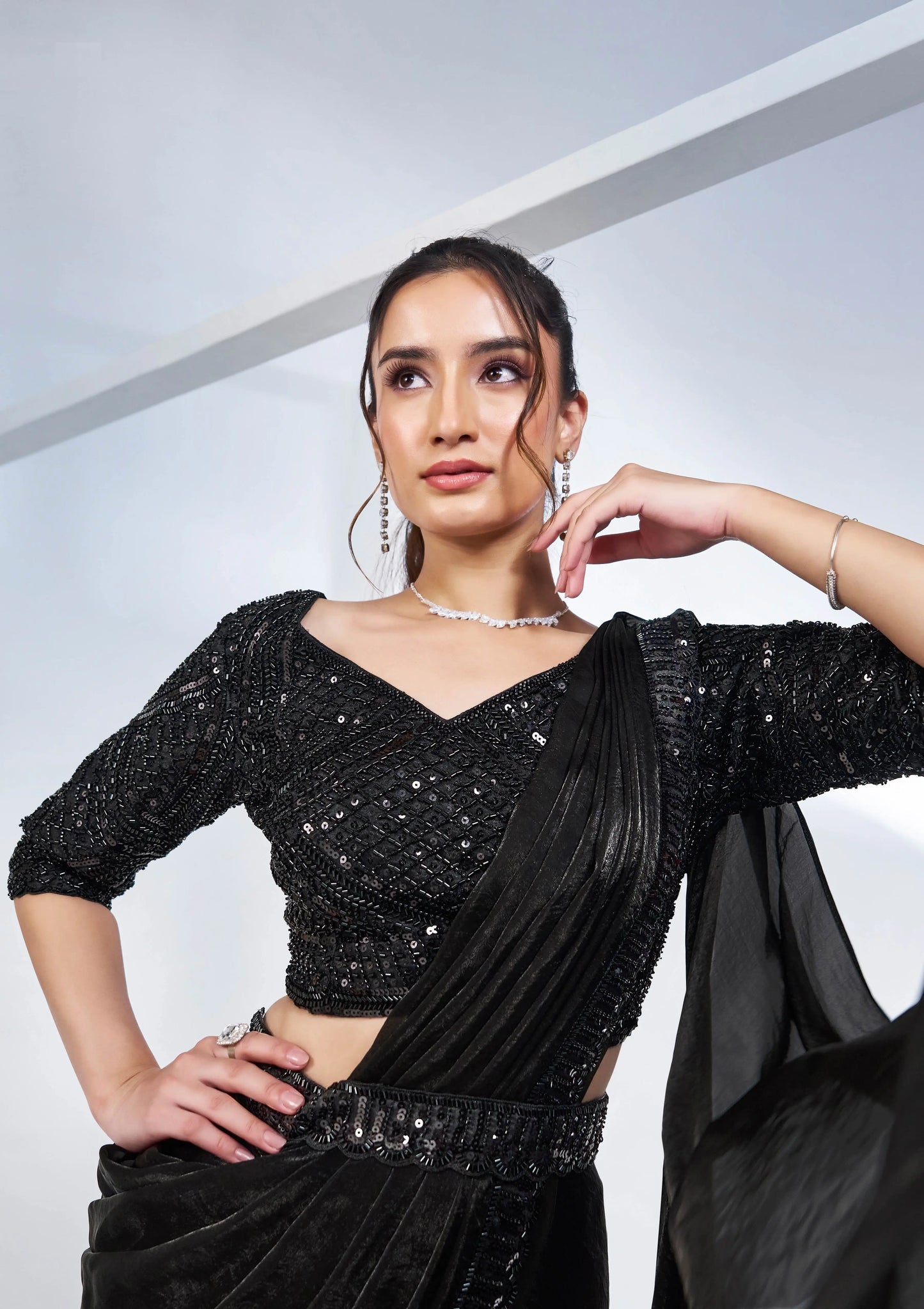 Black Satin Silk Ready To Wear One Minute Saree With Heavy Handwork Blouse