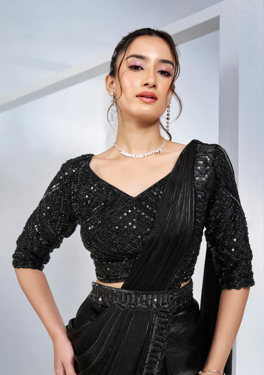 Black Satin Silk Ready To Wear One Minute Saree With Heavy Handwork Blouse