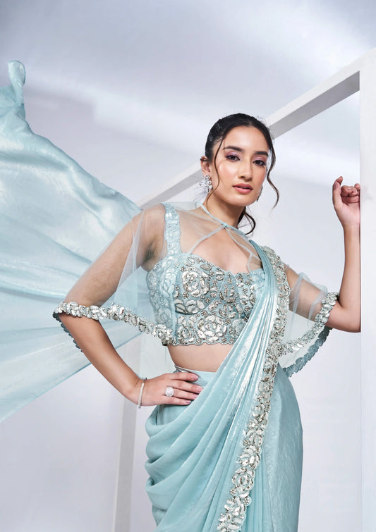 Sky Satin Silk Ready To Wear One Minute Saree With Heavy Handwork Blouse