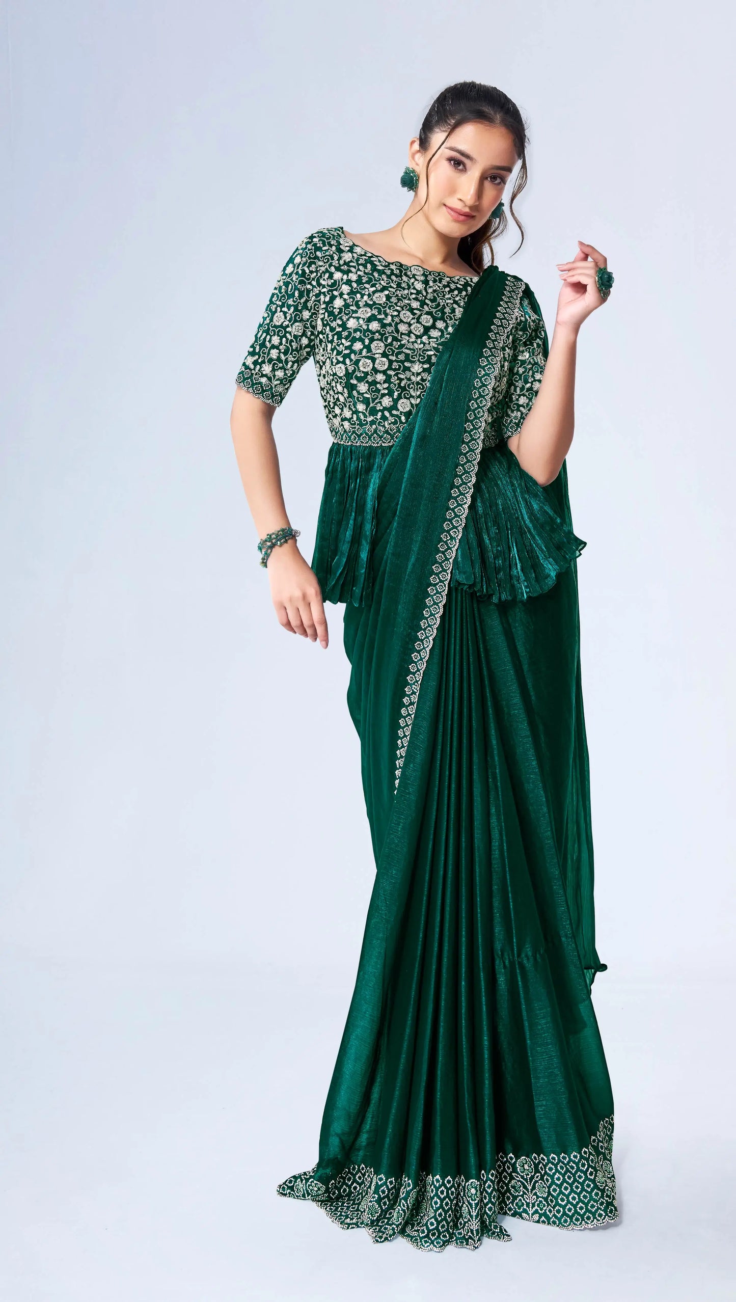 Green Satin Silk Ready To Wear One Minute Saree With Handwork Blouse