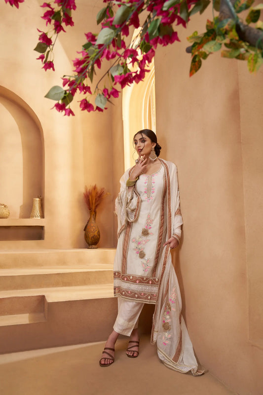 Off White Cotton Salwar Suit With Mirror, Thread & Joot Work
