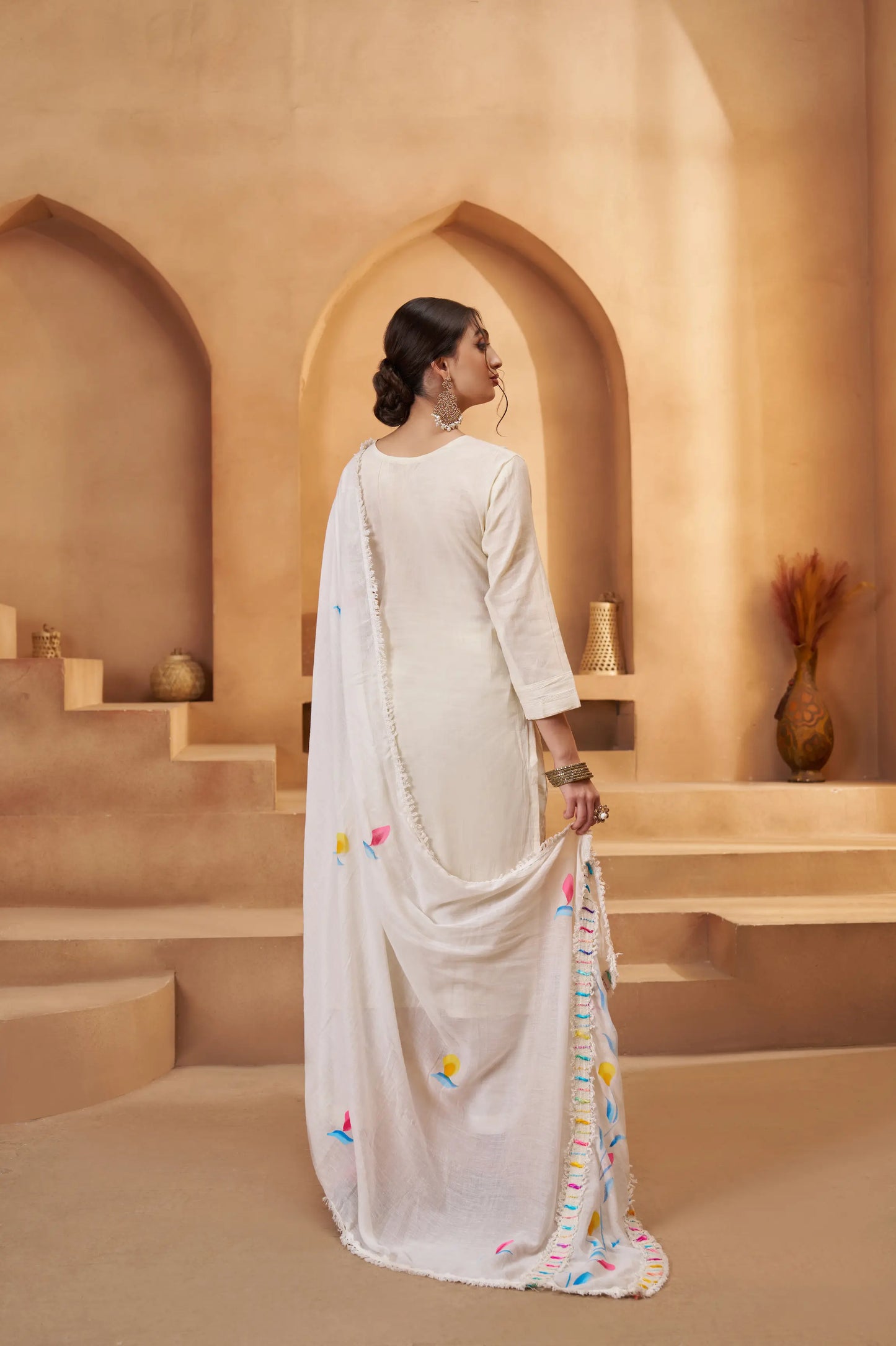 Off White Cotton Salwar Suit With Print, Thread & Joot Work