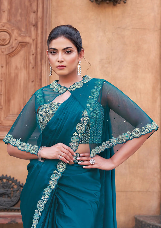 Teal Blue Duel Sequins With Hand Work Ready To Wear Saree With Poncho