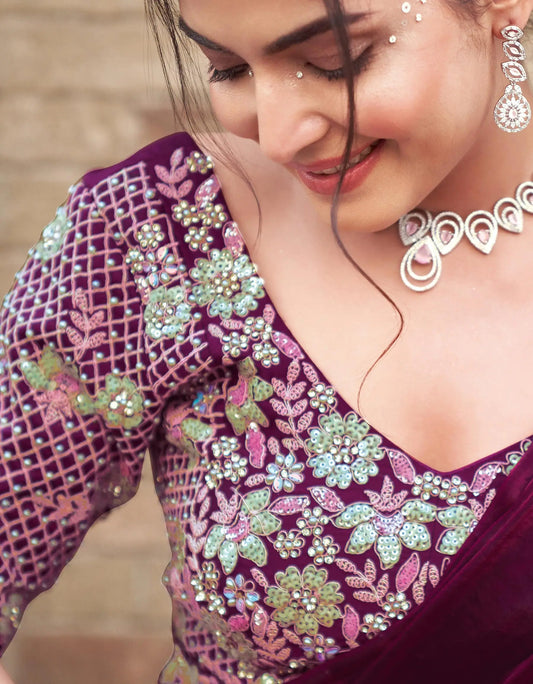 Black Berry Duel Sequins With Pearl And Hand Work Ready To Wear Saree