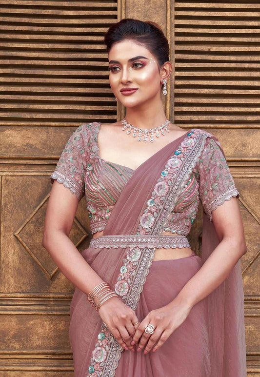 Rosy Brown Four Sequins With Hand Work Ready To Wear Saree