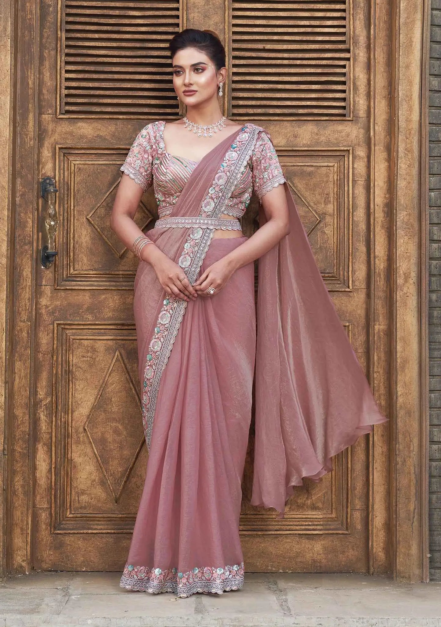 Rosy Brown Four Sequins With Hand Work Ready To Wear Saree