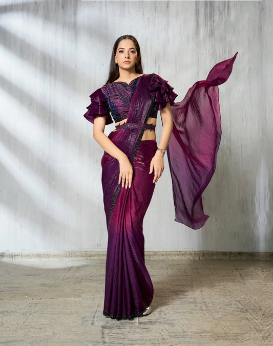 Berry Wine Shaded Satin Silk Beads Work One Minute Saree