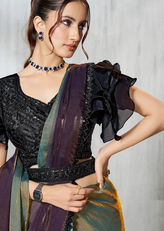 Charcoal Grey Shaded Satin Silk Beads Work One Minute Saree