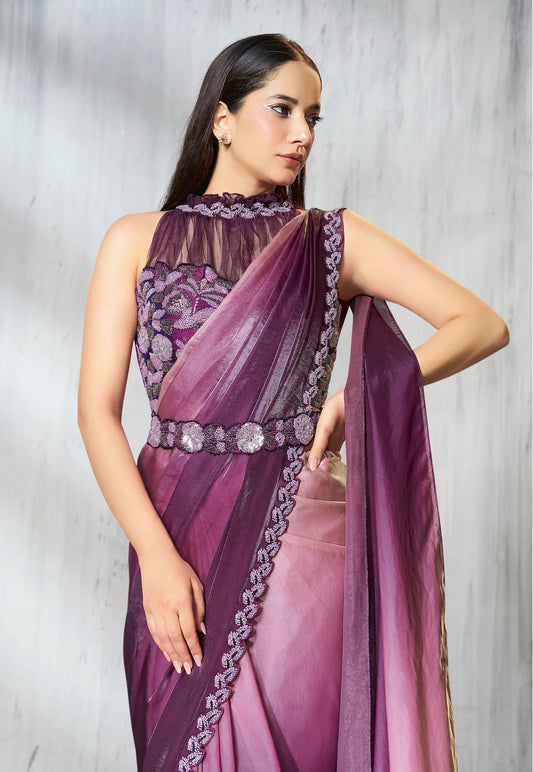 Grape Purple Shaded Satin Silk Beads Work One Minute Saree