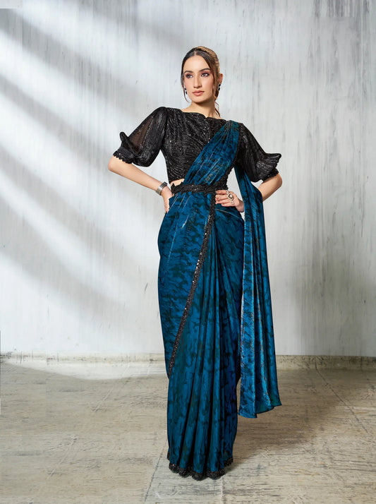 Venice Blue Shaded Satin Silk Beads Work One Minute Saree