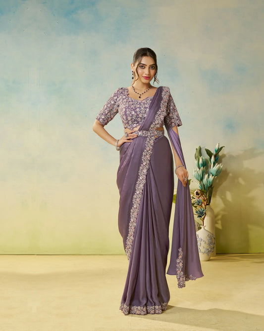 Dark Mauve Embroidery & Hand Work One Minute Saree