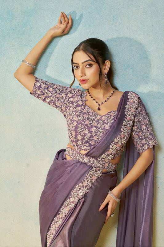 Dark Mauve Embroidery & Hand Work One Minute Saree