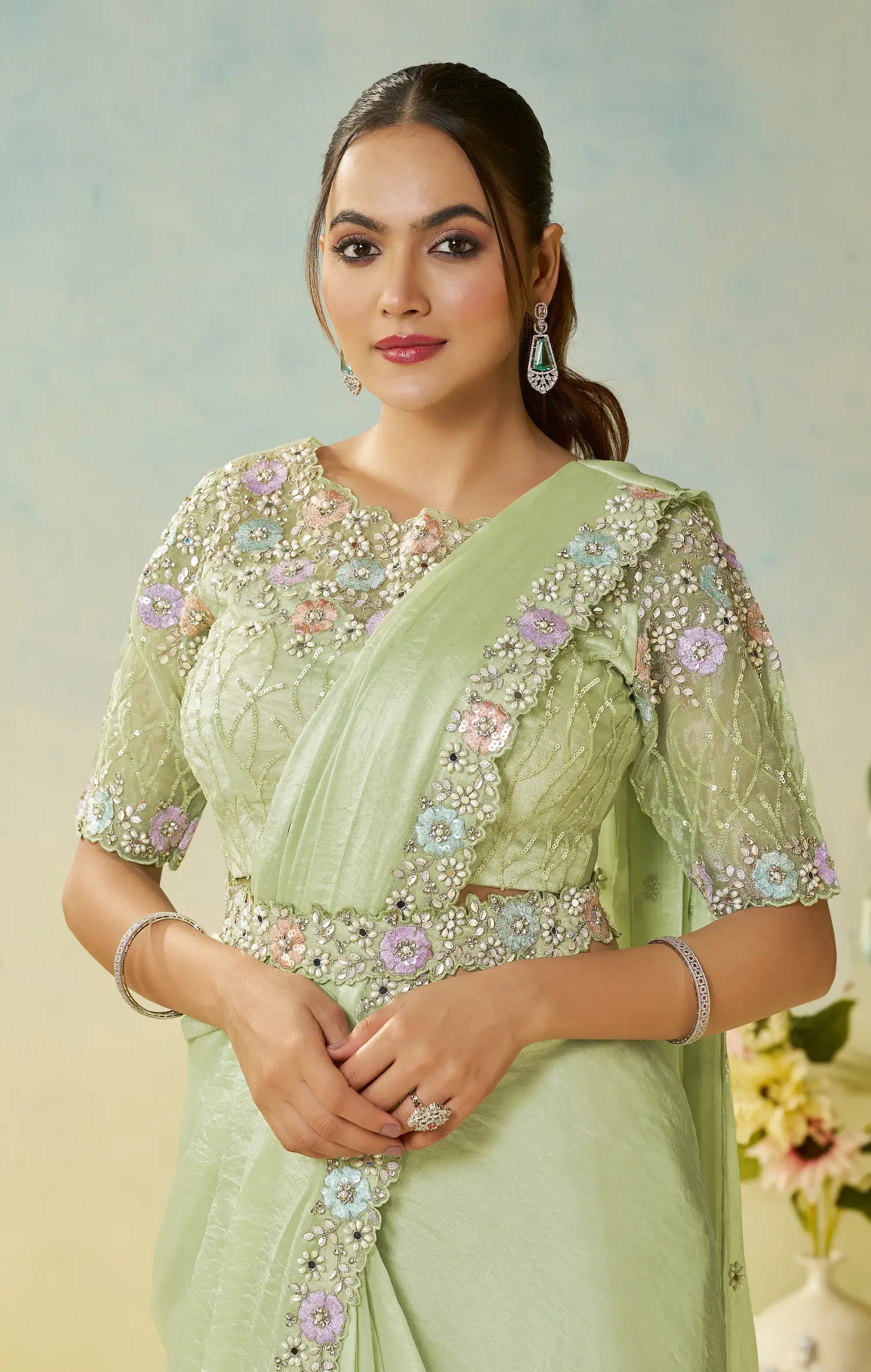 Pastel Green Embroidery & Hand Work One Minute Saree