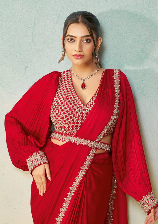Classic Red Embroidery & Hand Work One Minute Saree