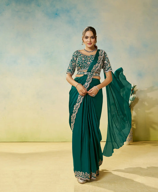 Teal Green Embroidery & Hand Work One Minute Saree