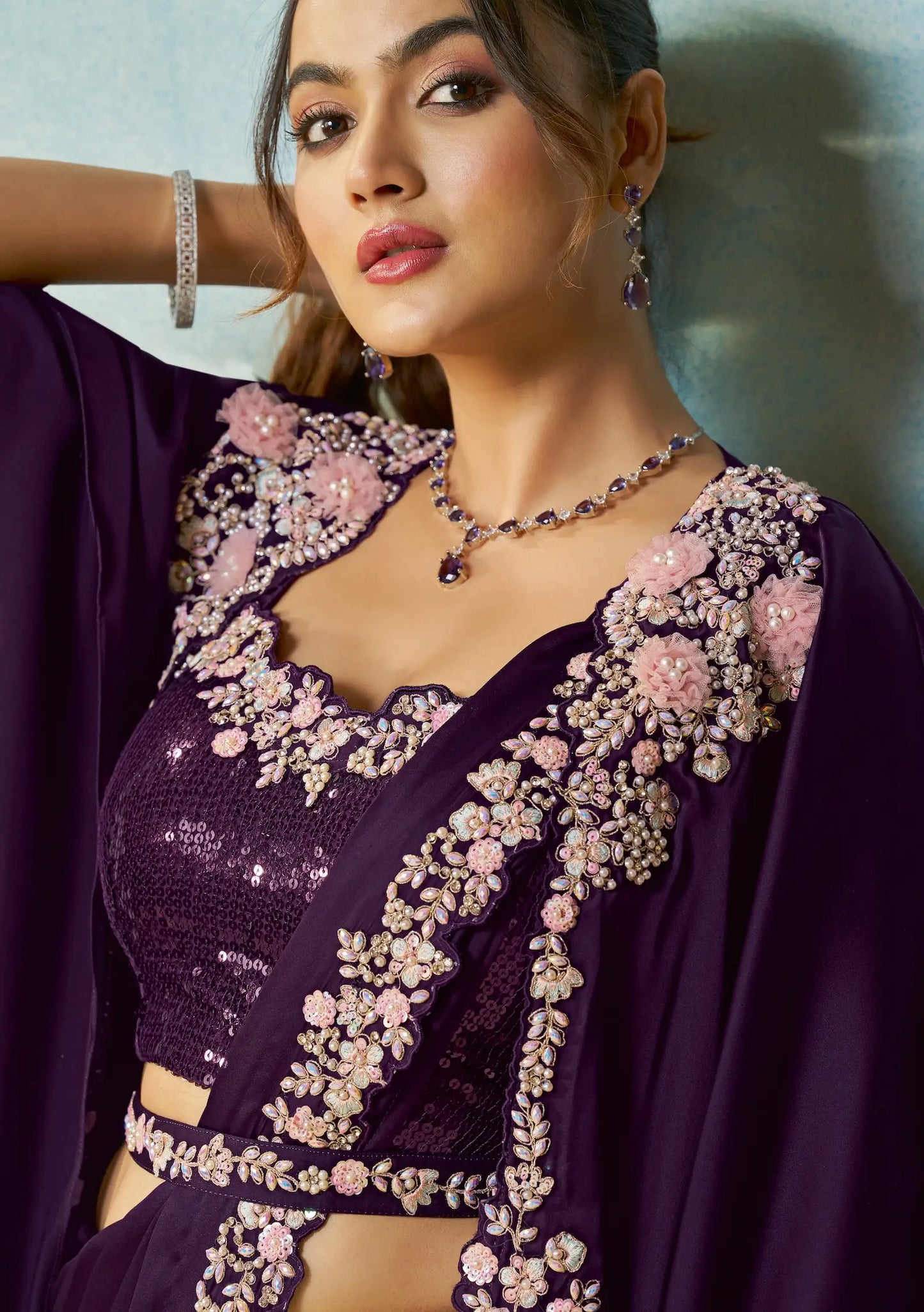 Midnight Purple Embroidery & Hand Work One Minute Saree