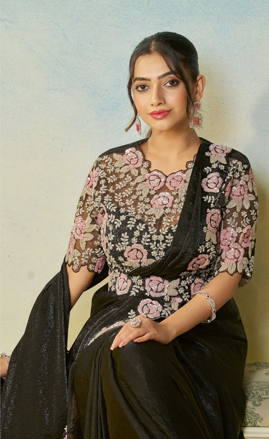 Hot Black Embroidery & Hand Work One Minute Saree