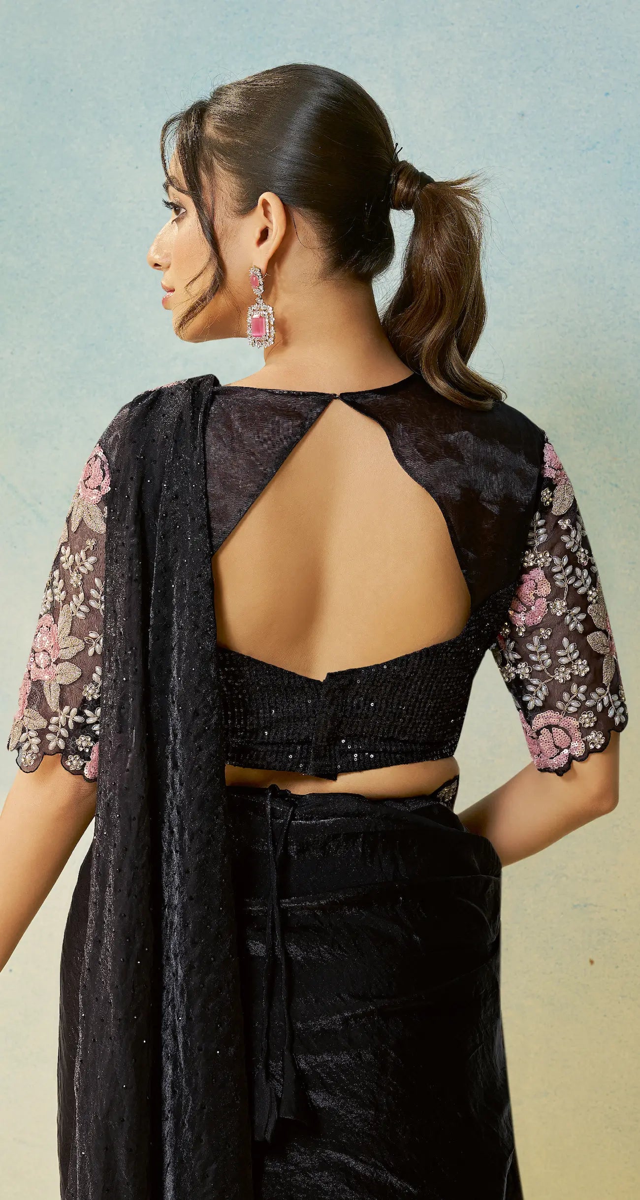 Hot Black Embroidery & Hand Work One Minute Saree