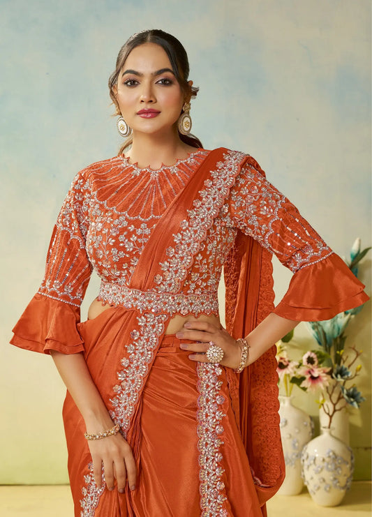 Rust Orange Embroidery & Hand Work One Minute Saree