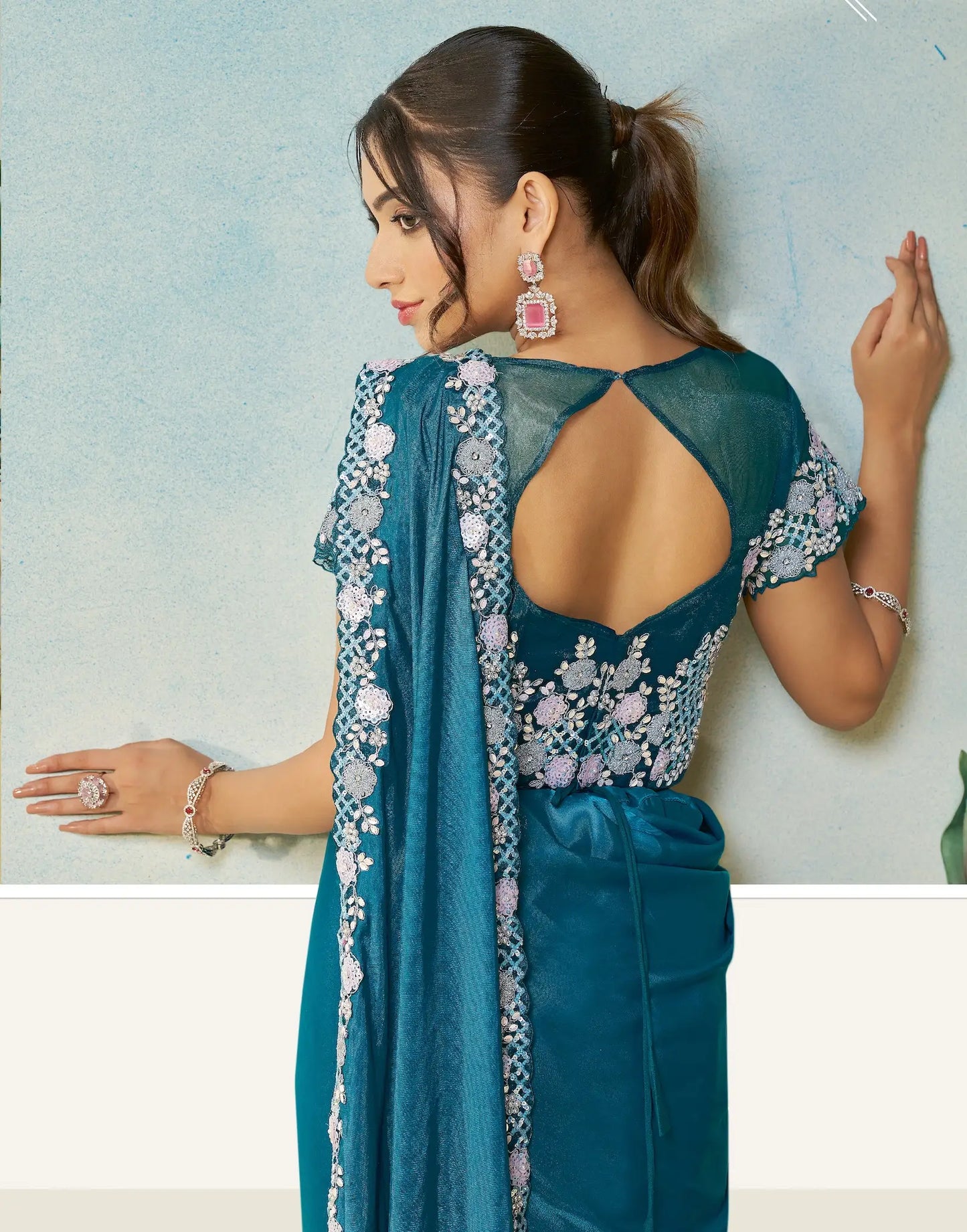 Venice Blue Embroidery & Hand Work One Minute Saree