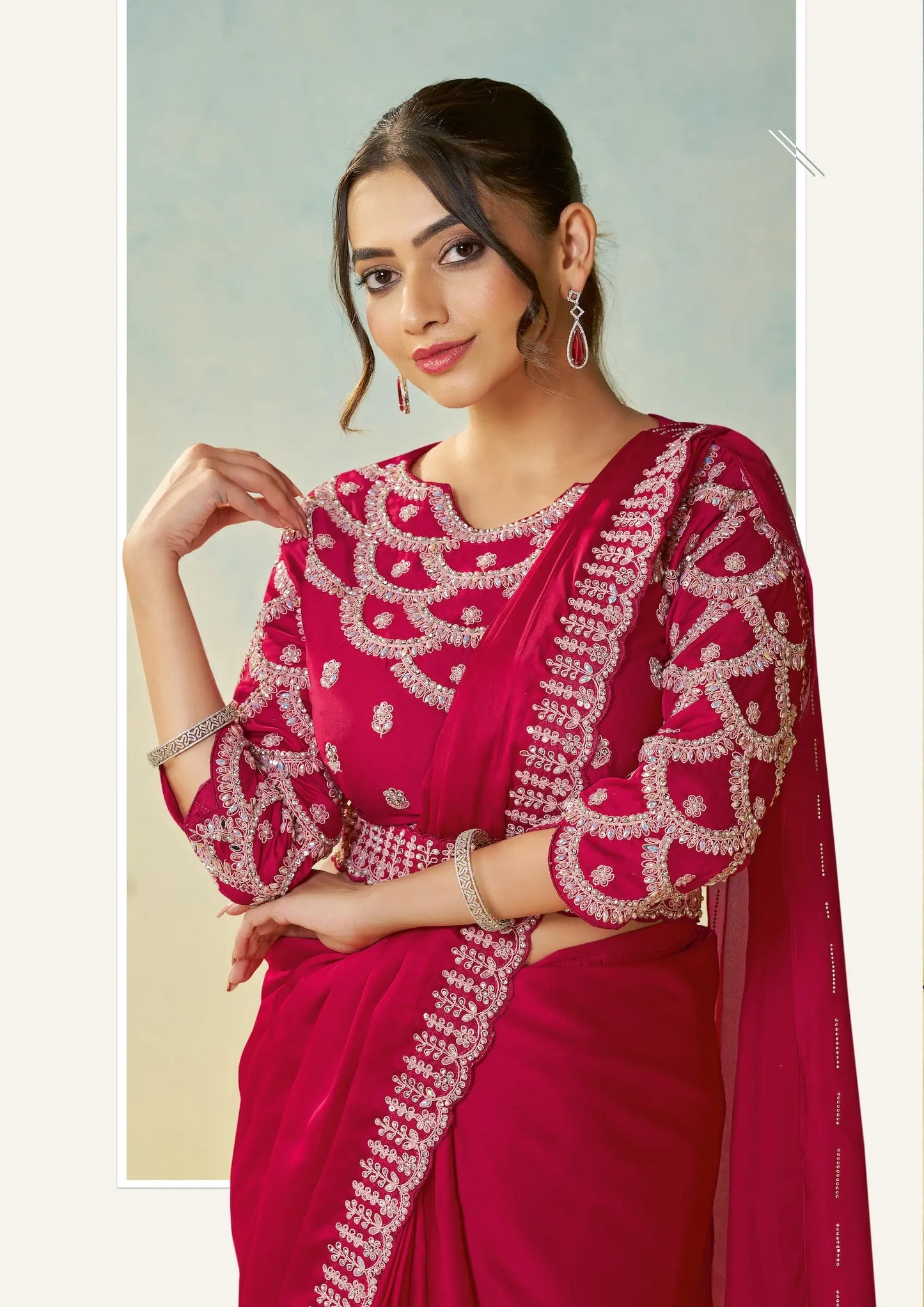 Pinkish Red Embroidery & Hand Work One Minute Saree