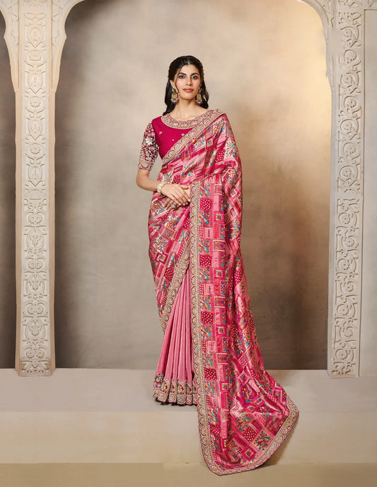 Rosy Pink Jacquard Silk Saree With Embroidery & Hand Work