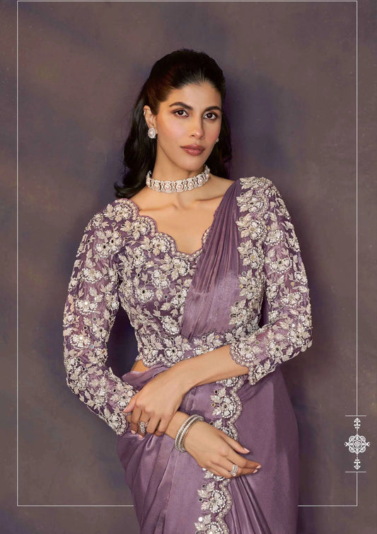 Dark Mauve One Minute Saree With Embroidery & Hand Work