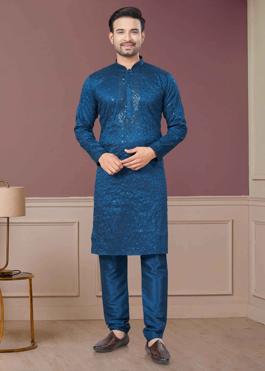 Blue Sequins Embroidery Kurta Pajama Set
