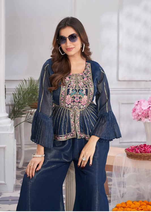 Blue Designer Embroidery Hand Work Fancy Top & Sharara