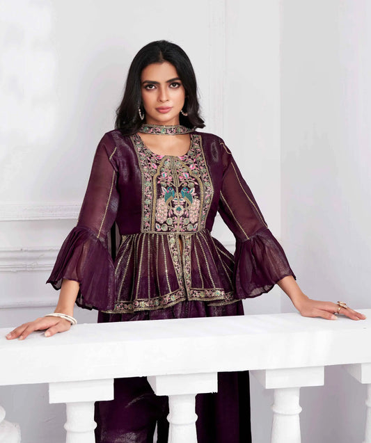 Wine Designer Embroidery Hand Work Fancy Top & Sharara