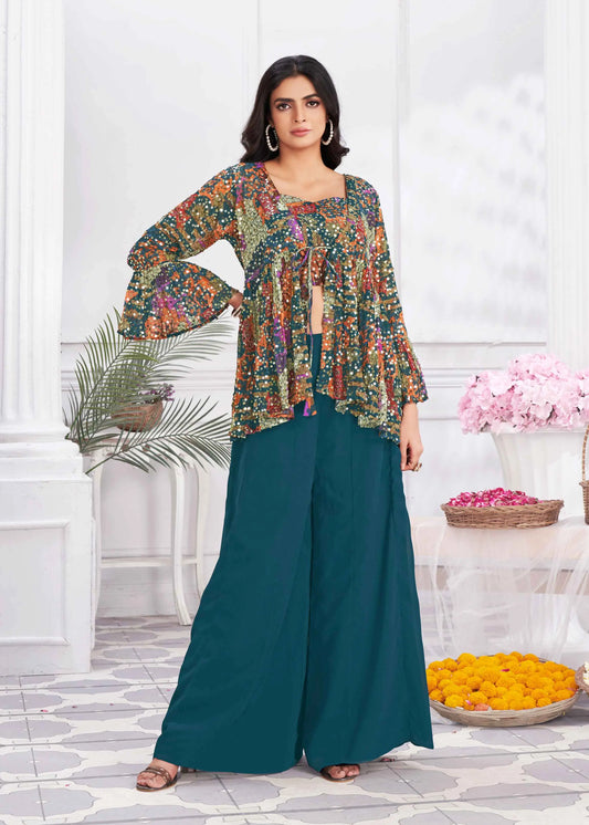 Teal Blue Sequins Embroidery Work Indo Western With Shrug