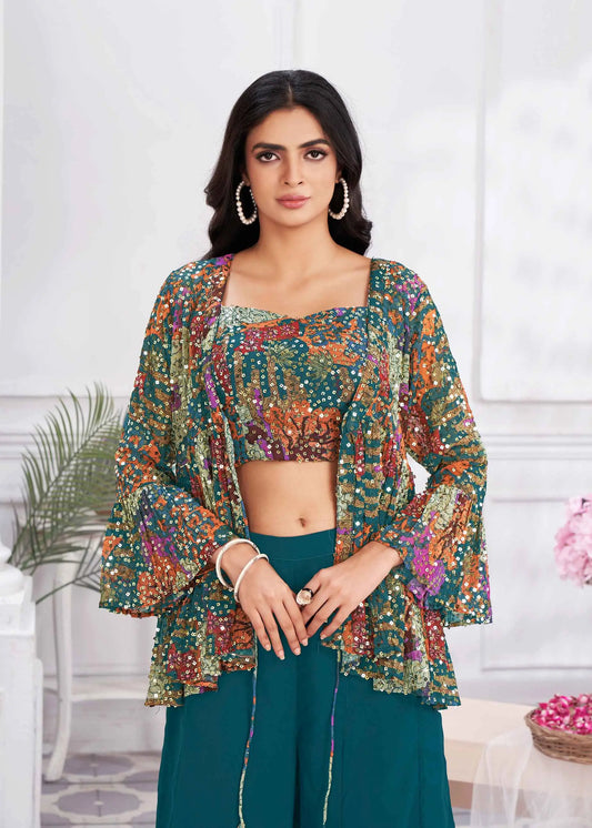 Teal Blue Sequins Embroidery Work Indo Western With Shrug