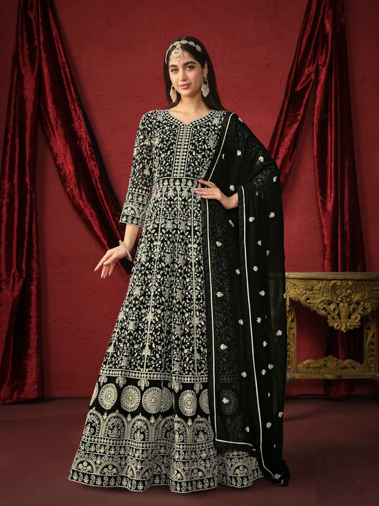 Black Georgette Thread & Sequence Embroidery Work Gown