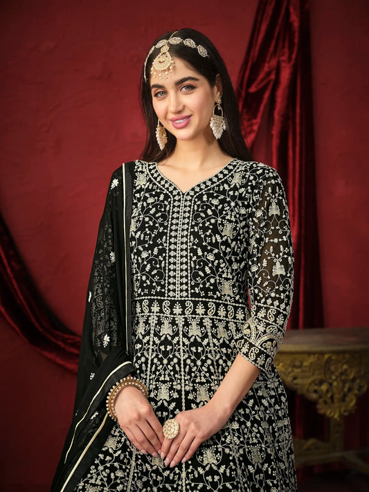 Black Georgette Thread & Sequence Embroidery Work Gown