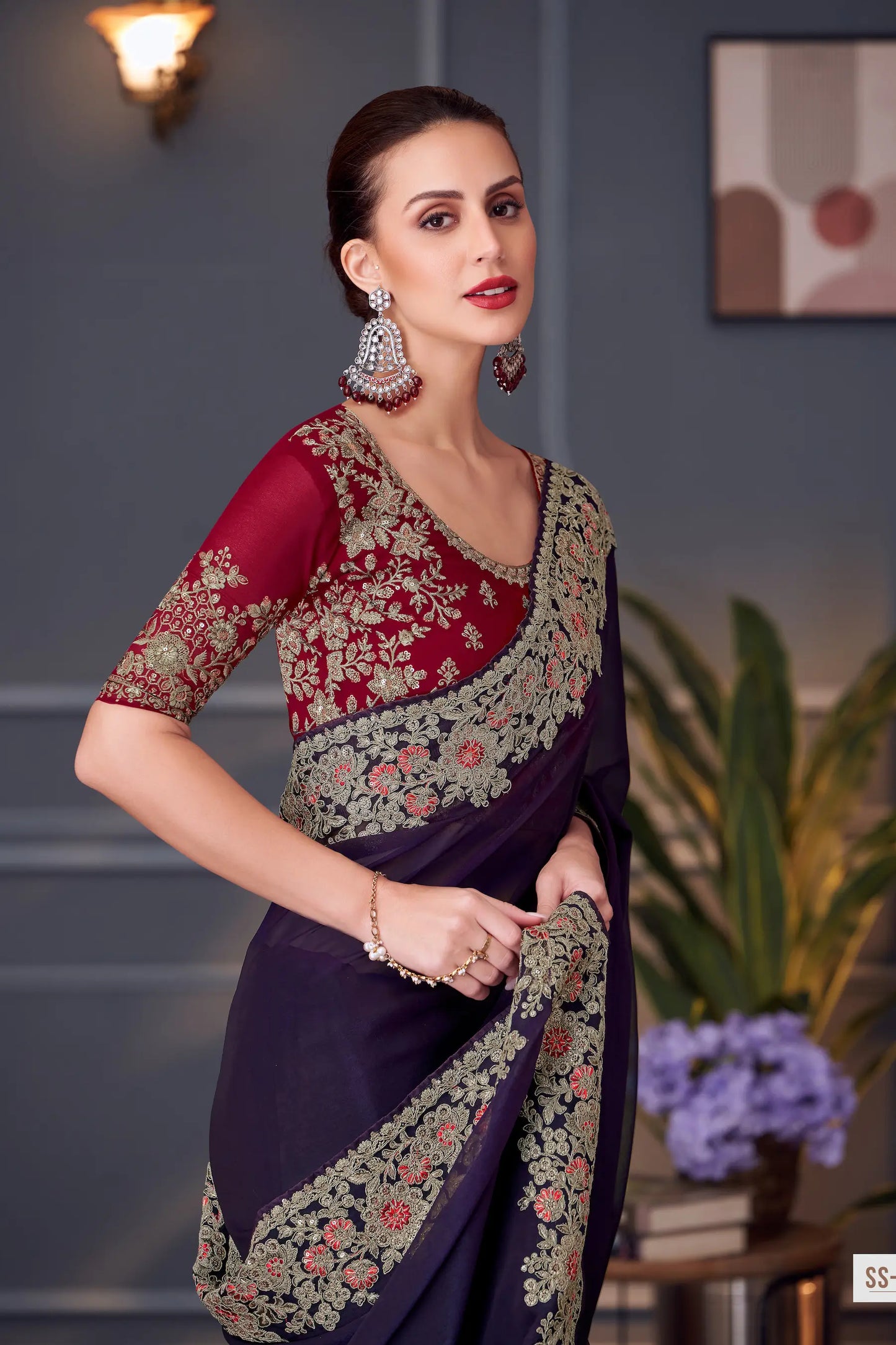 Dark Purple Georgette Silk Party Wear Saree With Thread & Sequins Embroidery Work