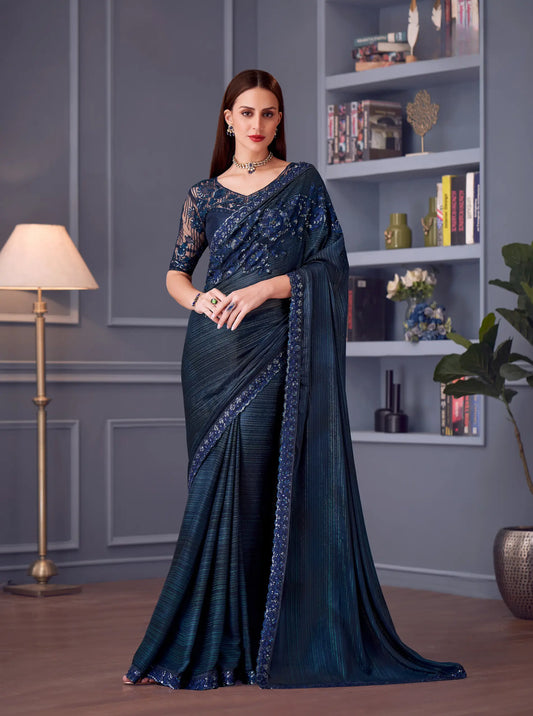 Navy Blue Glitter Silk Party Wear Saree With Thread & Sequins Embroidery Work