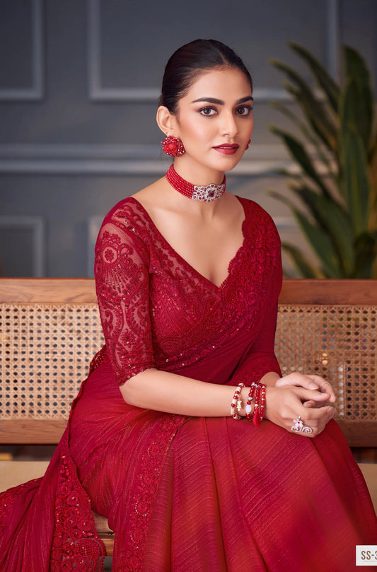 Red Glitter Silk Party Wear Saree With Thread & Sequins Embroidery Work