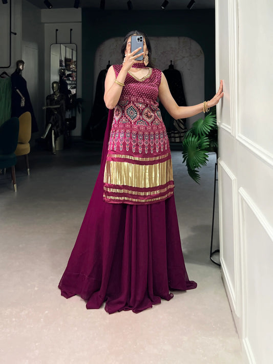Maroon Gaji Silk Palazzo Salwar Suit With Print & Hand Work