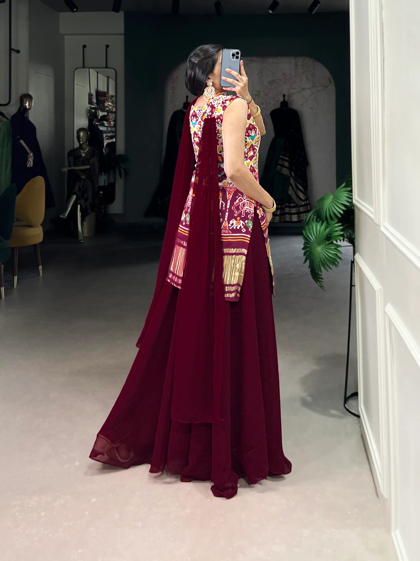 Dark Red Gaji Silk Palazzo Salwar Suit With Print & Hand Work