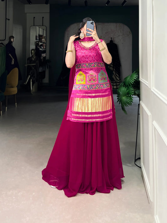 Dark Pink Gaji Silk Palazzo Salwar Suit With Print & Hand Work