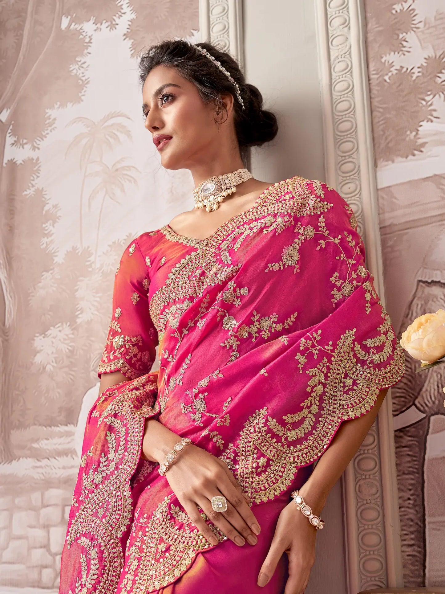 Pinkish Red Zari Tissue Hand Work & Heavy Cut Work Saree