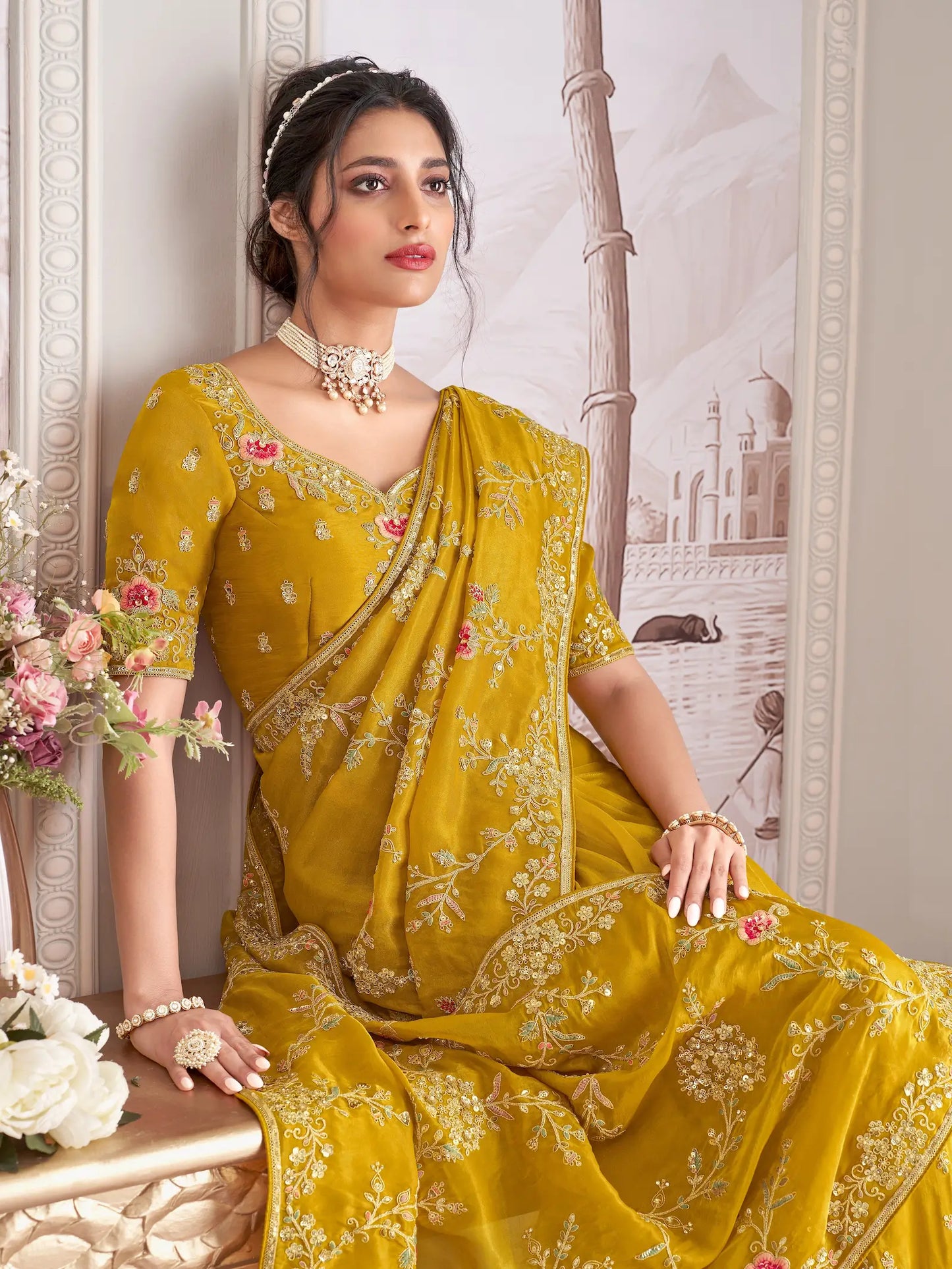 Honey Yellow Zari Tissue Hand Work & Heavy Cut Work Saree