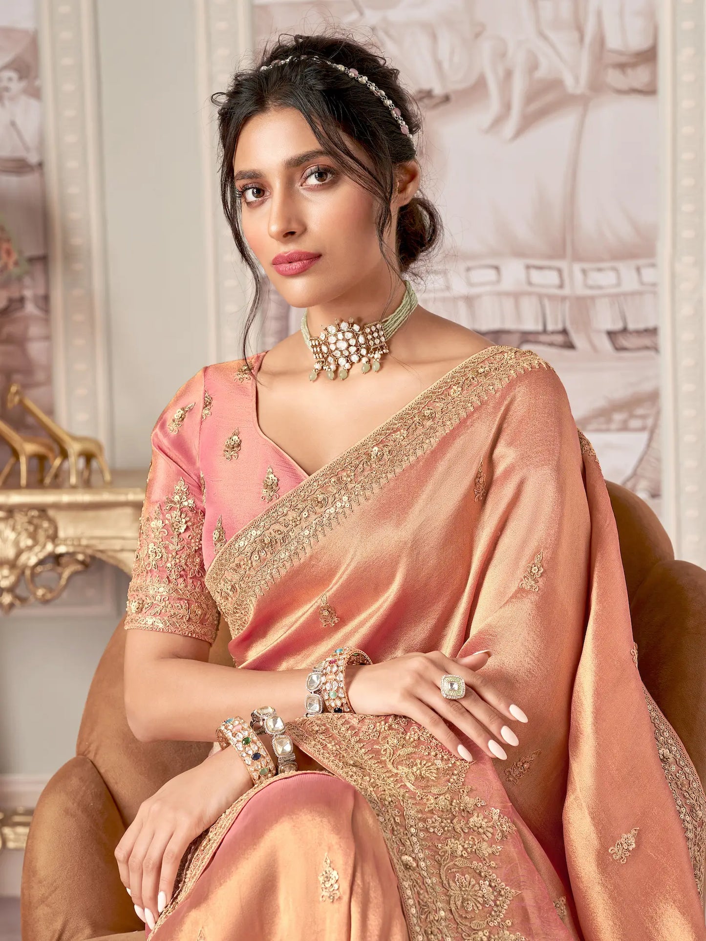 Peach Jacquard Silk Hand Work & Heavy Cut Work Saree